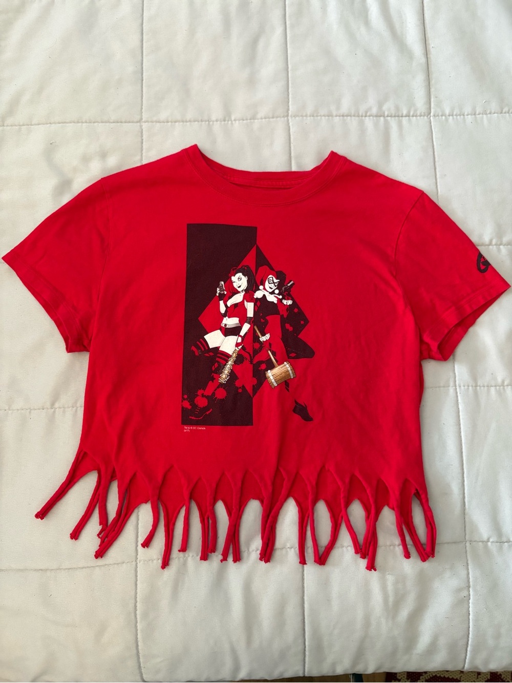 Hanes Red Harley Quinn Graphic Fringe Crop Tee